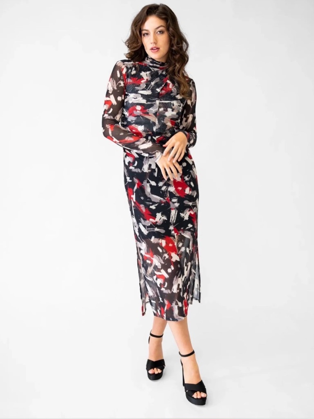 Adrienne Landau Black Red White Abstract-Print Long-Sleeve Midi Dress